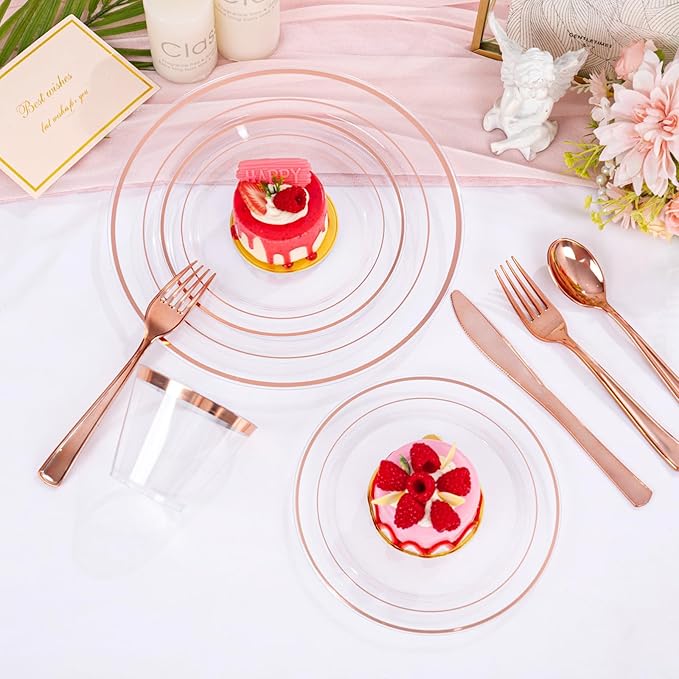 bUCLA 300PCS Rose Gold Plastic Dinnerware - Clear Dinnerware Set Disposable Include 50 Dinner Plates,50 Dessert Plates,50 Knives,50 Forks,50 Spoons,50 Cups for Party, Wedding & Valentines Day