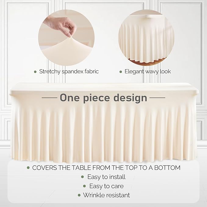 4 Packs Ivory Table Clothes for 6 Foot Rectangle Tables, One-Piece Wrinkle Resistant Stretch Spandex Table Covers with Skirt for Event Banquet Wedding Birthday Party