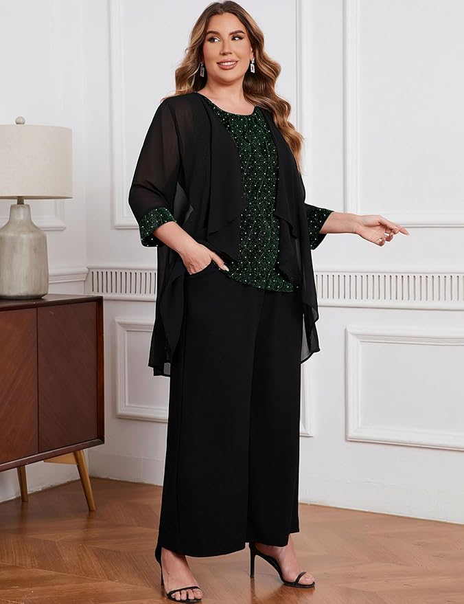 ZOMVA Plus Size 3 Piece Formal Pantsuit Sparkly Chiffon Jacket Set Dressy Outfit Mother of The Bride Groom Wedding Cocktail