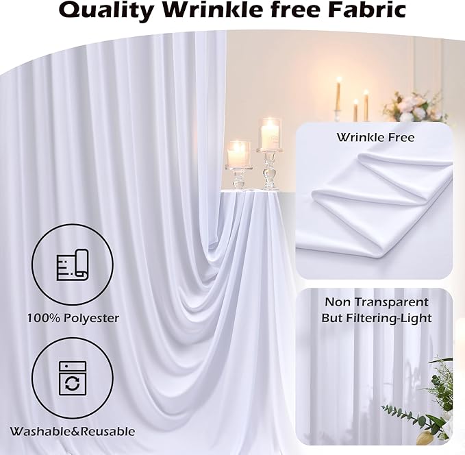 50ft x 10ftt Wrinkle Free White Backdrop Curtains for Parties Wedding, 10 Panels 5x10ft Silky Soft Polyester Photo Backdrop Drapes for Party Birthday Baby Shower Photography Cloth Background