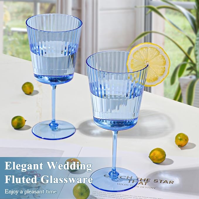 48 PCS Blue Ribbed Plastic Wine Glasses 13.5 OZ Ribbed Wine Glasses Detachable Wine Glass Elegant Fluted Glassware Vintage Style for Wedding Anniversary Birthday Dinner Parties(Blue, 48 Pack)