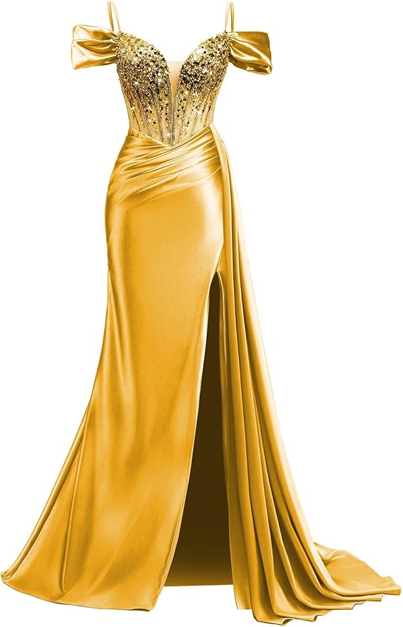 Rjer Off The Shoulder Satin Prom Dresses Long with Slit Tail 2026 Sequin Beaded Pleated Evening Ball Gown for Women Formal