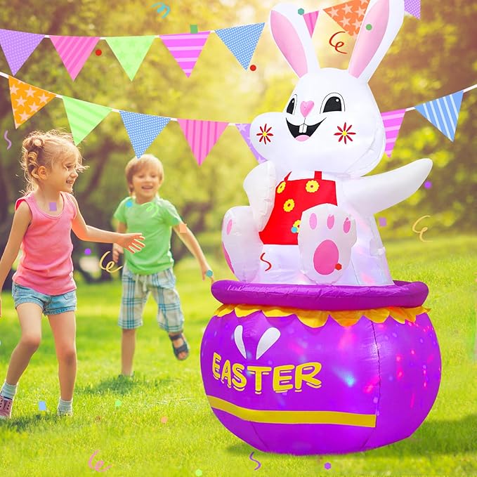5FT Easter Bunny Inflatable Outdoor Decorations Build-in LED Lights,Cute Easter Rabbit Egg Blow Up Indoor Outdoor Decor, Spring Summer Outdoor Decor,Holiday Addition for Party,Yard,Garden, Lawn