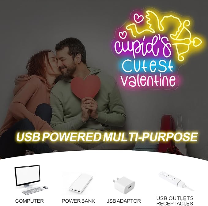 Cupid's Cutest Valentine Neon Sign - 5-Level Dimmable USB Valentine's Day Decor & Neon Signs for Wall Decor, Ideal for Wedding, Party, Shop Walls, Cute Bedroom Light Up Art