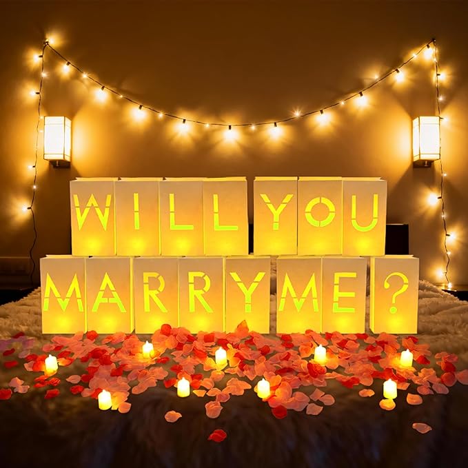 NEXAGEBIUS Will You Marry Me Marriage Proposal Decorations Luminary Bags Light Up Letters Sign Decor 2000 Rose Petals and Candles Set Romantic, Valentines Decor, Engagement Party Banner