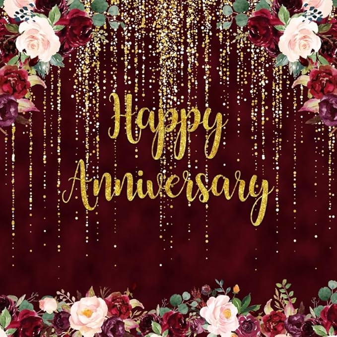 8x8ft Happy Anniversary Backdrop, Gold Glitter Burgundy Wedding Anniversary Photography Background 1st 40th 50th 65th Couple Wedding Women Birthday Floral Party Decorations Cake Table Decor