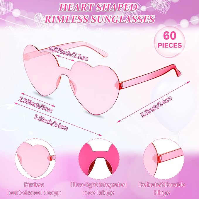 Zhengmy 60 Valentine's Day Heart Shaped Sunglasses Bulk for Women Rimless Transparent Candy Color Glasses for Party Favors