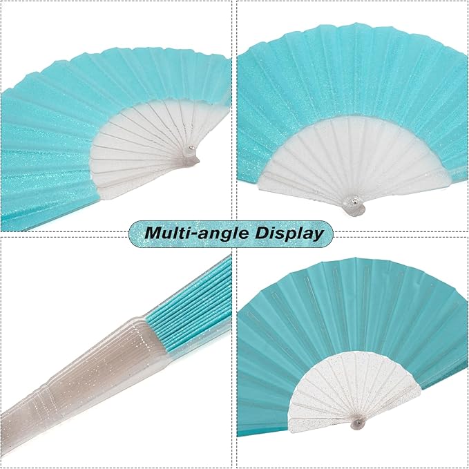 48 Pack Handheld Fan,Folding Hand Glitter Fan with Shining Transparent Fan Rib – Ideal for Wedding, Church, Festival, Dance, Tea Party, Club, and EDM Accessories, Sky Blue