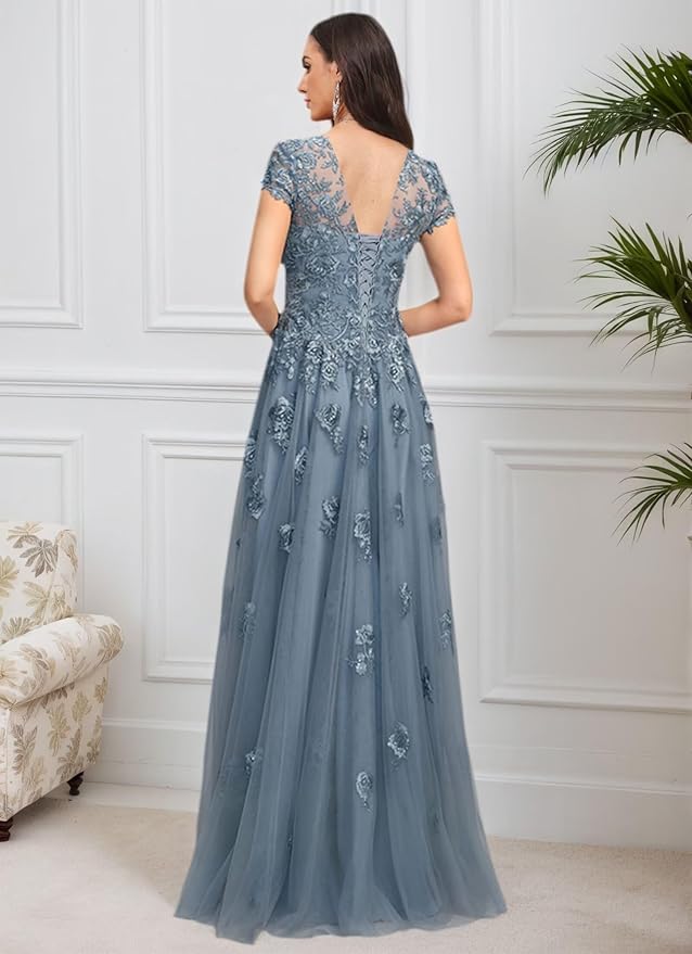 Mother of The Bride Dresses Sleeve Laces Applique V Neck Evening Gowns Cap Sleeves Grandmother of The Groom Dress