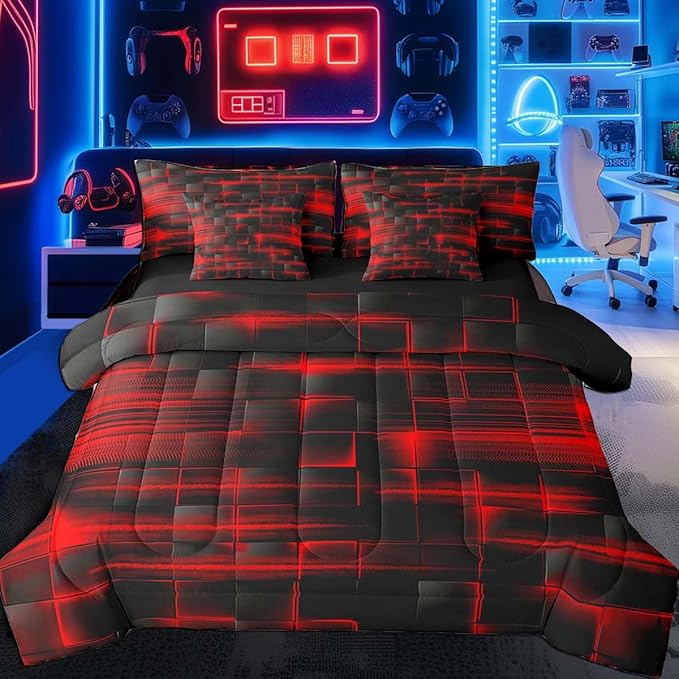 Feelyou Red Black Bedding Set Full Size Boys Girls Geometric Strip Lines Comforter Set with Sheets 7 Piece for Bed in a Bag Abstract Modern Bed Set with Comforter,Sheets,Pillowcases