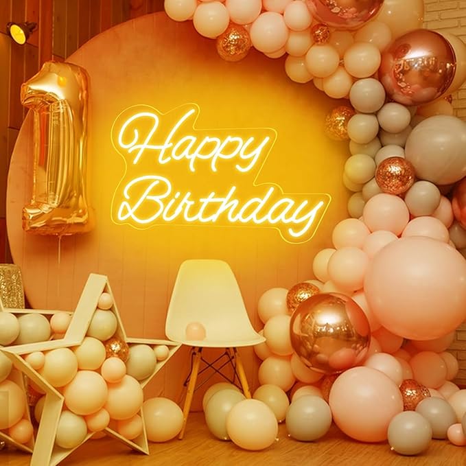 Decorative Signage - 16.54x9.06in Acrylic Birthday Neon Sign, Warm Light, Reusable, USB Powered, Dimmable, Wall Mount, Includes Chain, Screws, Hooks