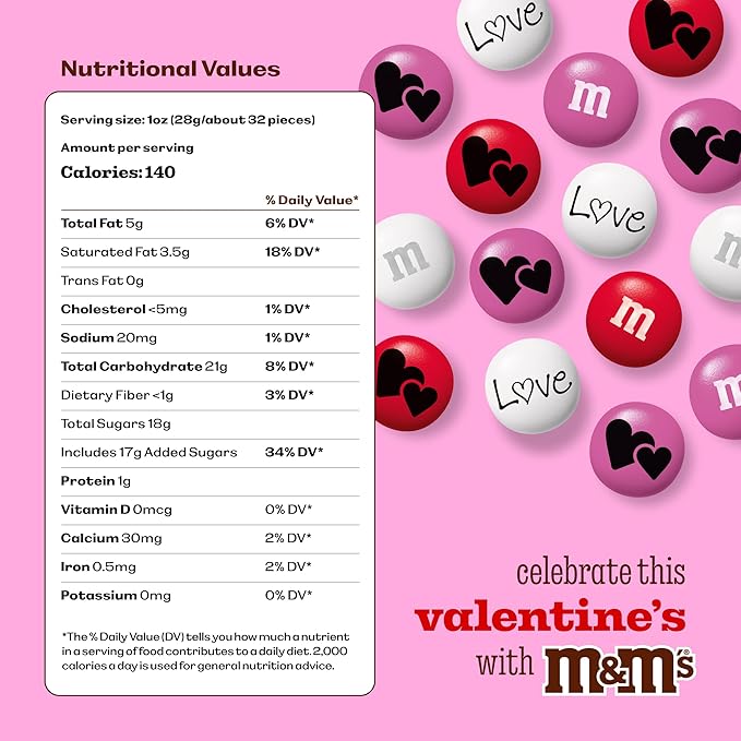 M&M’S Heart Party Favors, Set of 30, Milk Chocolate Valentine’s Gifts for Groups, Classroom Exchanges, and Party Décor, Individually Wrapped Red, White and Pink M&M’S with Heart and LOVE Designs