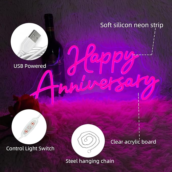 Happy Anniversary Led Neon Sign For Wedding Backdrop 19.6"X 9.8" Neon Lights for Bedroom,Living,Home Bar Valentine'S Day Wife Husband Parents Anniversary Decor (pink)