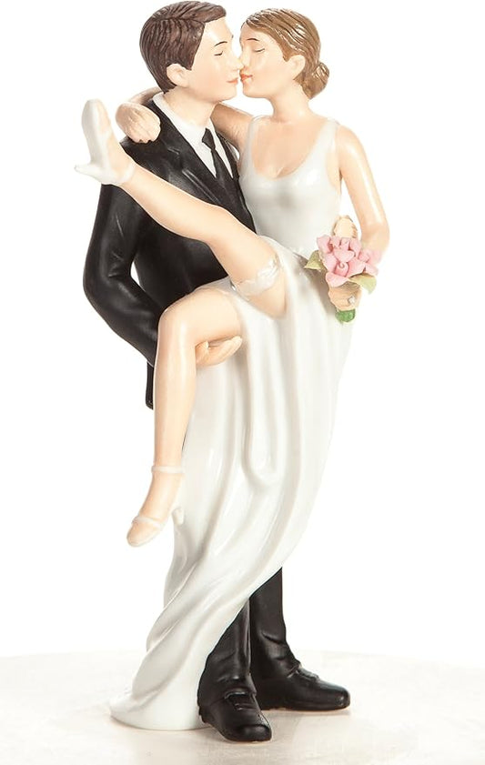 Wedding Collectibles Funny Sexy Over the Threshold Wedding Cake Topper with Bride and Groom | Fun, Sexy, Humorous Figurine | Groom Holding Bride | Fine Porcelain | 5.5 Inches