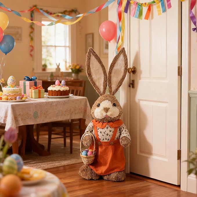 Juegoal Easter Straw Bunny Decorations, 32"(2.6FT) Extra Large Standing Mrs. Bunny Figurine, Handmade Easter Rabbit Statues, Cute Photo Props Gifts for Office Kitchen Farmhouse Spring Home