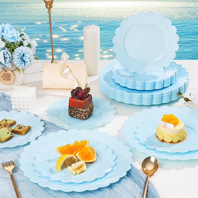 supernal 100pcs Blue Scalloped Plastic Plates-Blue Disposable Plates Heavy Duty-Disposable Plate Set for Party Wedding-Include 50 Plastic Dinner & Dessert Plate Perfect for 50 Guests