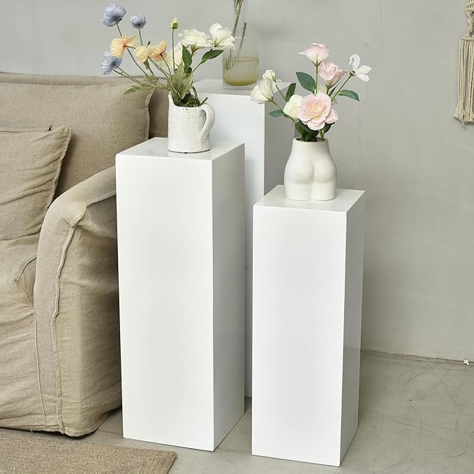 SwallowLiving 3PCS Metal White Display Pedestal Stand for Parties, Square Tall Pedestal Cake Stands Pillars for Wedding, Sculpture Display Stand Column Decoration