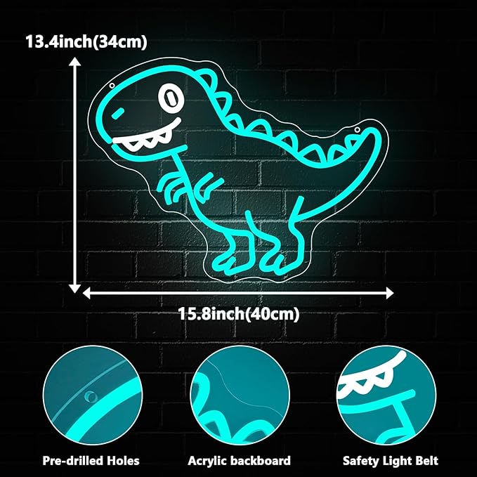Dinosaur LED Neon Light Sign, Dinosaur Neon Signs for Boys Room Decor Dino Night Lamp Light for Party Bedroom Nursery Classroom Decorations Christmas Birthday Gift Dimmable USB Powered(15.8“*13.4")