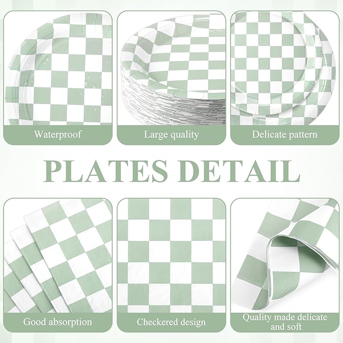 452 Pcs Sage Green Gingham Party Supplies for 50, Light Green and White Checkered Gingham Paper Plates Napkins Cups Tablecloth Cutlery Straw for Picnic Birthday Baby Shower Decoration