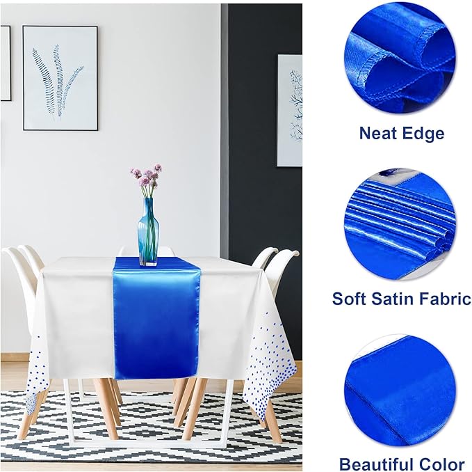 16Pack Disposable Plastic Tablecloths and Satin Table Runner Set White and Blue Dot Tablecloth Blue Satin Table Runner for Wedding Birthday Baby Shower Anniversary Christmas New Year Party Supplies