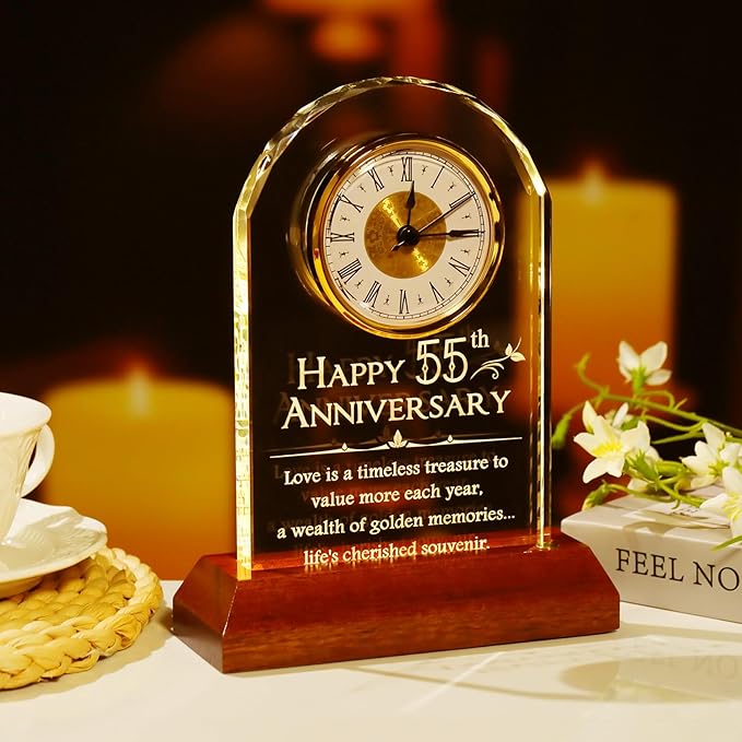 YWHL 55th Wedding Anniversary Clock Gifts for Parents Grandparents, 55 Years for Couples, Table Clock Glass Presents with Wooden Light Base for Home Decoration (Battery not Included)