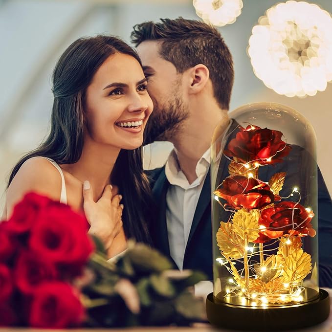 Valentine's Day Gifts for her, Eternal Rose in Glass Dome - Beauty and The Beast Inspired Keepsake, Gifts for Mom/Wife/Grandma, Preserved Roses with LED Light for Birthday/Anniversary