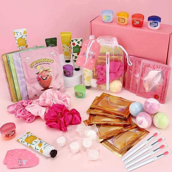 88PCS SPA Party Supplies for Girls, Under Eye Patches, Facial Masks, Lip Mask & Balm, Hand Cream, Foot Bath Bombs, Compressed Towel, Hair Band, Bulk Birthday & Sleepover Party Kit