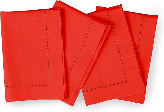 Solino Home Cotton Linen Napkins Set of 4 - Hemstitch Poppy Red Dinner Napkins Cloth 20 x 20 Inch for Valentines - Handcrafted and Machine Washable