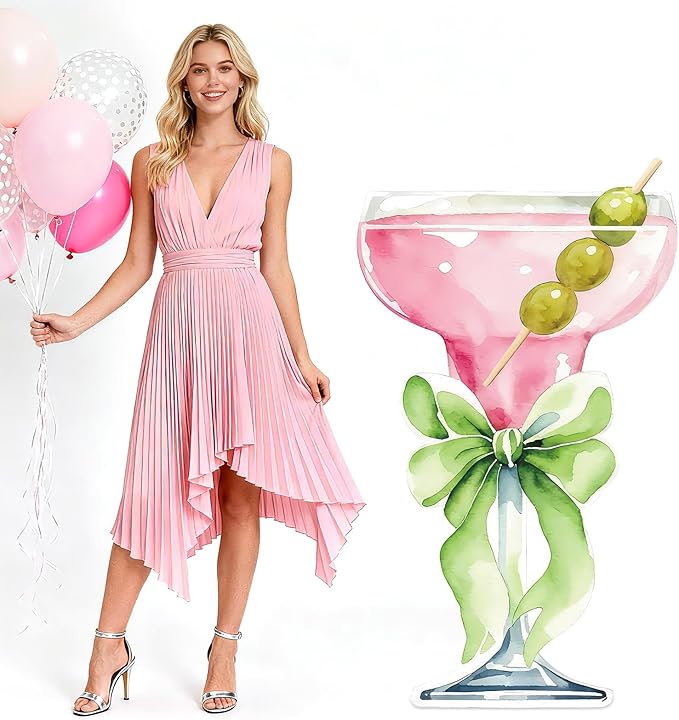 Lawnldyll 4ft Large Pink Martini Bow Cardboard Cutout A Tini Bit Older Birthday Cutout Stand Pink Margarita Backdrop Decorations for Women Coquette Bachelorette Bridal Shower Cocktail Party Decor