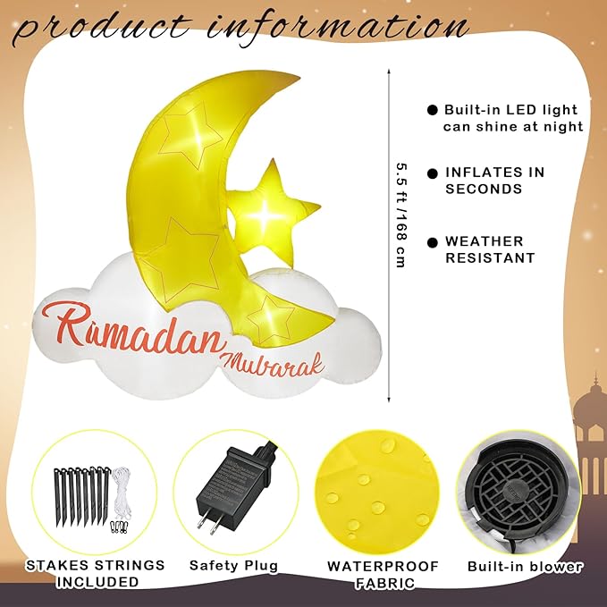 VIHOSE 5.5 ft Ramadan Mubarak Inflatable Holiday Outdoor Decorations and Holy Celebration Decor Blow Islamic Eid Decor Inflatable Muslim with LED Lights Celebrate Fasting Introspection and Prayer