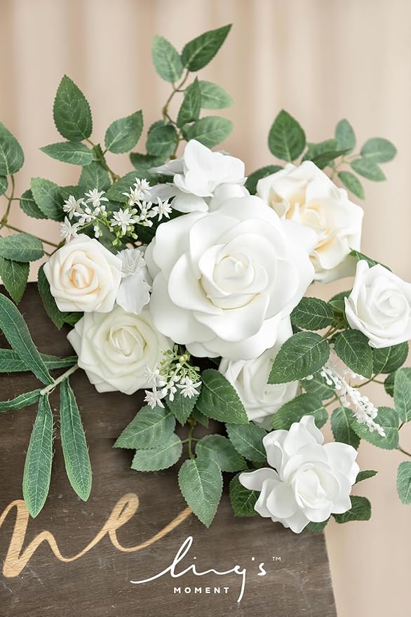 Ling's moment 2pcs White Wedding Artificial Floral Swag Welcome Sign Flowers Backdrop Garland Green for Ceremony Reception Door Wall Easel Home Decoration Entryway Faux Outdoor Board Table Decor