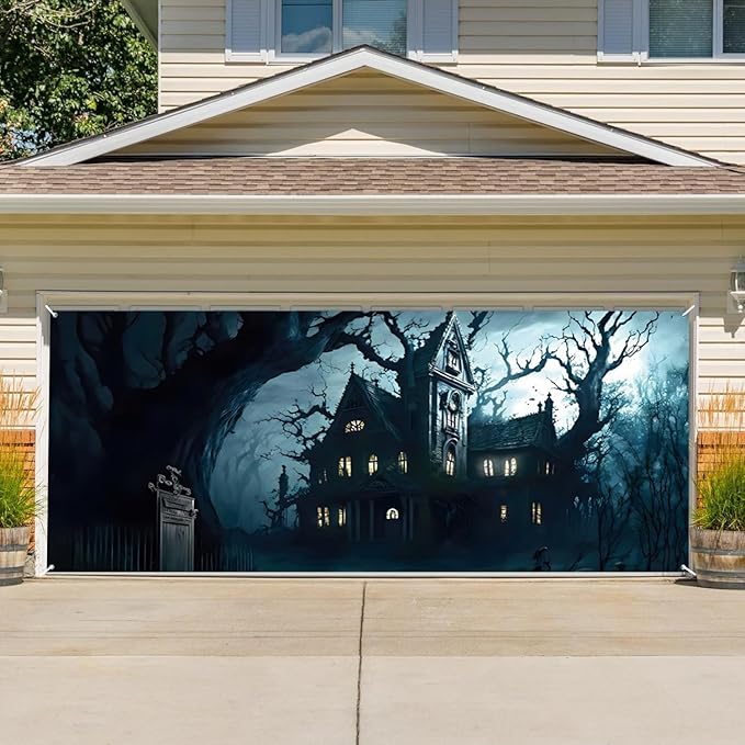 Halloween Garage Door Decorations Banner Cover Halloween Garage Wall Decorations for Outdoor Holiday Party Indoor Outdoor Decor Banner Cover 12x10ft