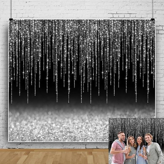 Black Silver Glitter Backdrop 12x10ft Graduation Birthday New Year Housewarming Retirement Party Background for Photography Theme Party Banner Studio Photo Booth Props