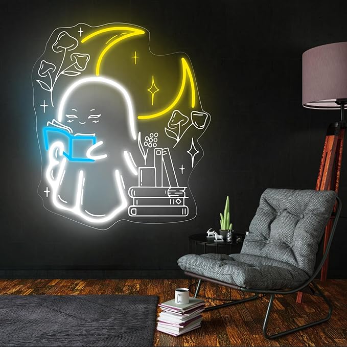 Ghost Reading Book Neon Sign Boo Reading Books Bedroom LED Lights Wall Decoration Neon Sign Decoration, Gift for Bookworm, 14.8"x13", Ice Blue