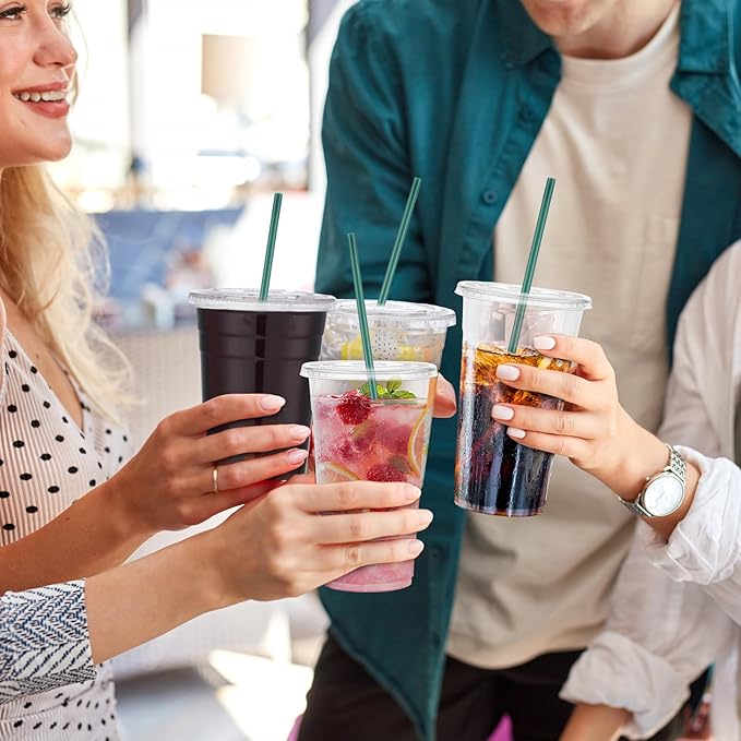 Hushee 500 Sets 32 oz Clear Plastic Cups with Lids and Individually Wrapped Straws Disposable PET Cups for Iced Coffee Cold Drinks Smoothie Juice Parfait Milkshake Parties