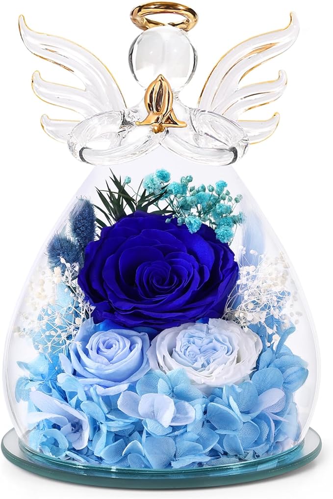 Flowers for Delivery, Valentines Day Decorations Birthday Gifts for Mom Grandma Women, Preserved Rose Forever Flower in Glass Angel Figurines Real Fresh Bouquet for Wife Sister Her Daughter
