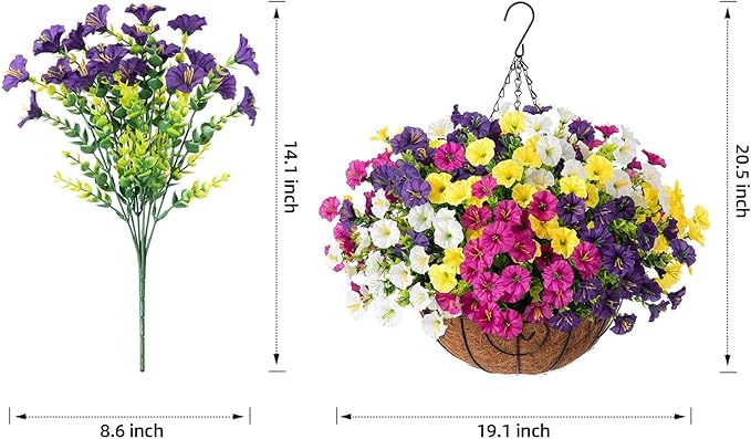 HyeFlora Artificial Hanging Flowers Faux Plants Basket for Outdoors Spring Decor, Fake Silk Morning Glory with Eucalyptus in Planter UV Resistant Outdoor Flowers for Outside Porch Patio Garden Home