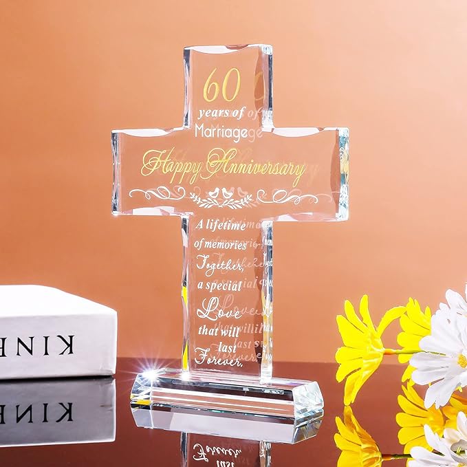 YWHL 60th Anniversary Cross Gifts for Couple Parents, 60 Years Wedding Anniversary Keepsake for Him Her, Laser Carved 60 Years of Marriage Glass Cross Decoration