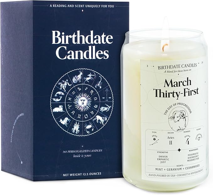 Birthdate Candles, March 31 - Aries Zodiac Scented Candles Birthday Gift - Mint, Geranium & Cedarwood Scent - All-Natural Soy & Coconut Wax, 60-80 Hour Burn Time - Made in USA