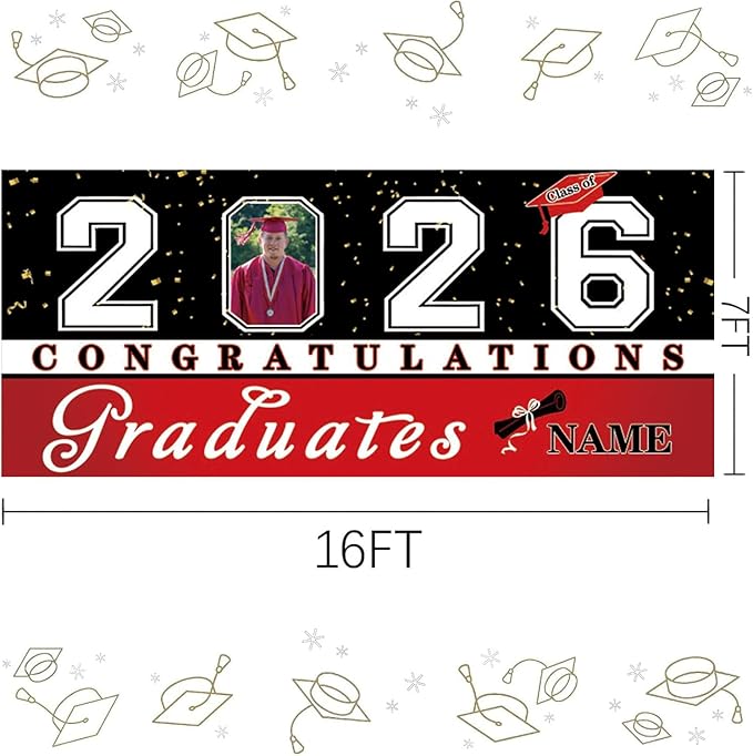 Custom Graduation Garage Door Banner Decoration 7x16ft with Photo Congrats Garage Door Cover 2026 Party Photo Booth Backdrop Party Supplies(Red)