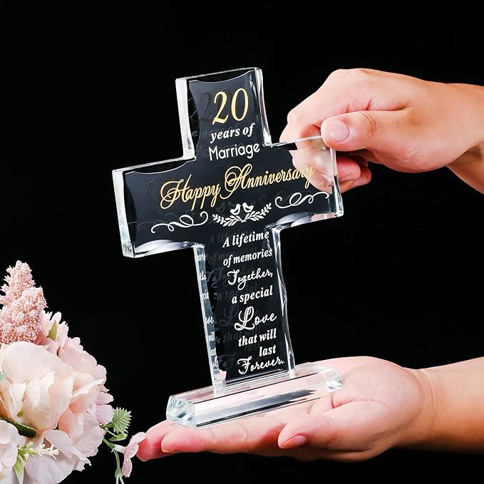 YWHL 20th Anniversary Religious Gifts for Couple, Laser Engraved Glass Standing Cross Keepsake for Him, 20 Years Wedding Anniversary Cross Gifts for Her