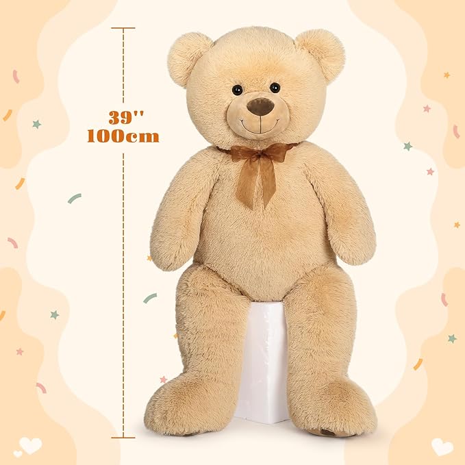 Tezituor Big Teddy Bear Stuffed Animal 39inch - Classic Large Teddy Bear - Brown Large Stuffed Bear Plush Toys for Kid Christmas Birthday - Gift for Girlfriend