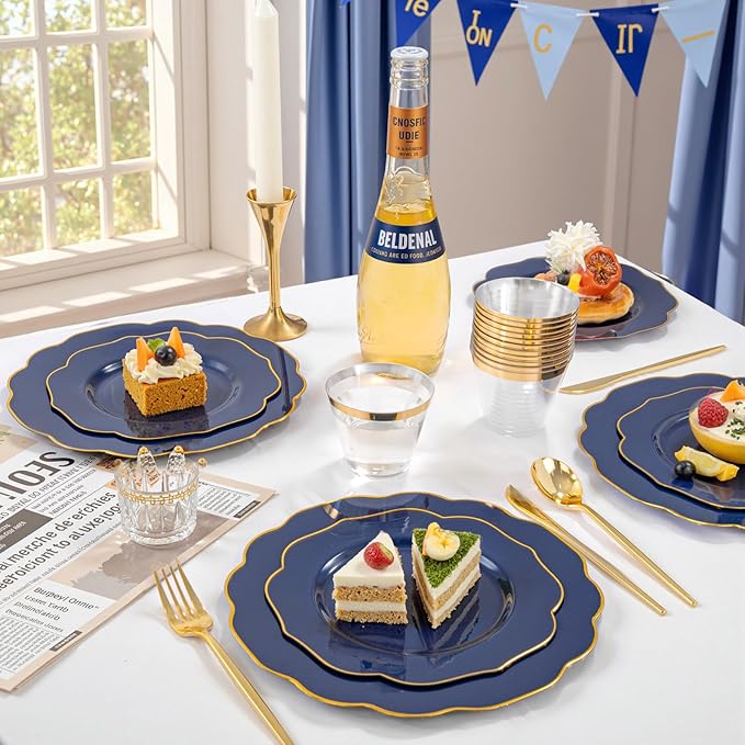 bUCLA 180PCS Blue Plastic Plates - Navy Blue and Gold Rim Disposable Include 30 Each (Dinner & Dessert) Plates, 30 Knives, 30 Forks, 30 Spoons and 30 Cups, Ideal for Party, Gathering and Hanukkah