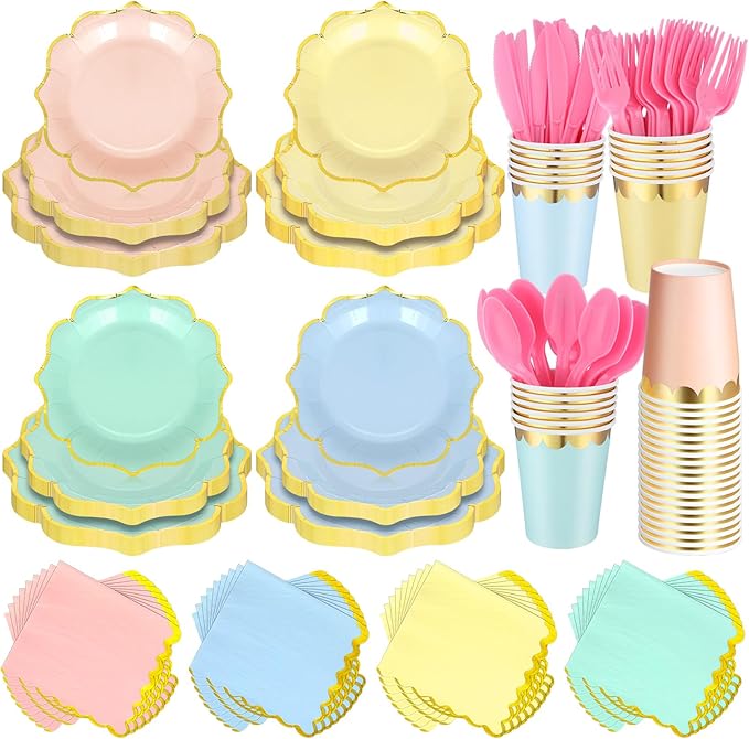 Yaomiao 336 Pcs Plates and Napkins Party Supplies Disposable Dinnerware Set Scalloped Plates Cups Napkin with Plastic Forks Knives Spoons Serve 48 Guests for Birthday Wedding (Multicolor,Irregular)