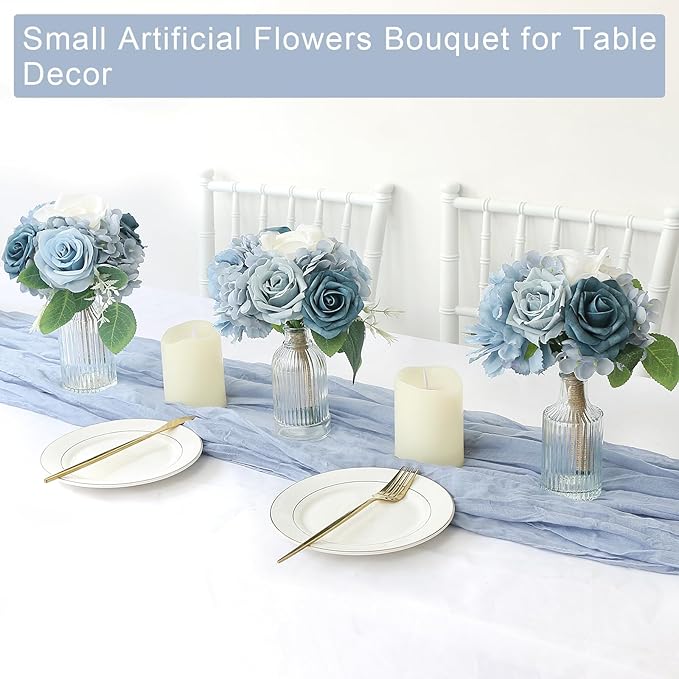 Artificial Bridesmaids Bouquets Set of 2 - 7 inch Silk Rose Bouquets for Bridesmaids, Pre-made Bridesmaid Flowers Small Bouquet for Wedding Vintage Country Bridal Shower Decorations -Dusty Blue