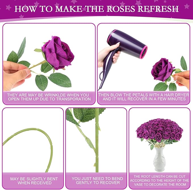 Hananona Artificial Roses in Bulk, Fake Silk Roses Realistic Roses for Wedding Centerpieces Flower Arrangement Home Decor (50, Purple)