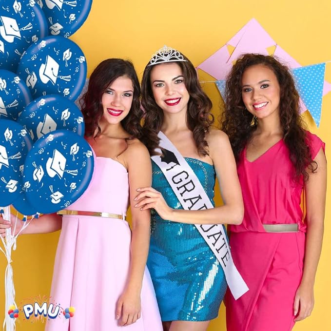 PMU 100 Pcs Blue Graduation Balloons Class of 2025 with All-Over Print White Grad Caps-Confetti and Streamers | Graduation Party Supplies | Congratulations Grad Latex Balloons Latex