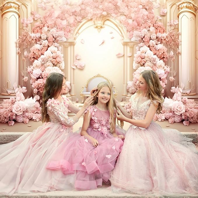 12x8ft Pink Floral Wall Backdrop Girls Rose Bridal Shower Palace Wedding Anniversary Flowers Baby Shower Party Decorations Photography Background Photo Shoot Props