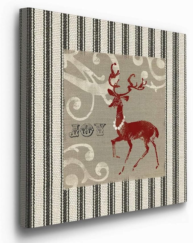 Renditions Gallery Joy Reindeer Wall Art, Cute Christmas & Winter Decor, White & Red with Striped Fabric Look, Premium Gallery Wrapped Canvas, Ready to Hang, 32 in H x 32 in W, Made in America