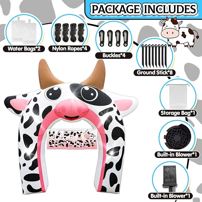 12FT Inflatable Cow Arch Outdoor Decorations Giant Cow Inflatables with Built-in 5 LED Lights Farm Animals Blow Up Garden Yard Lawn Decor for Baby Shower Cow Easter Valentines Day Birthday Party